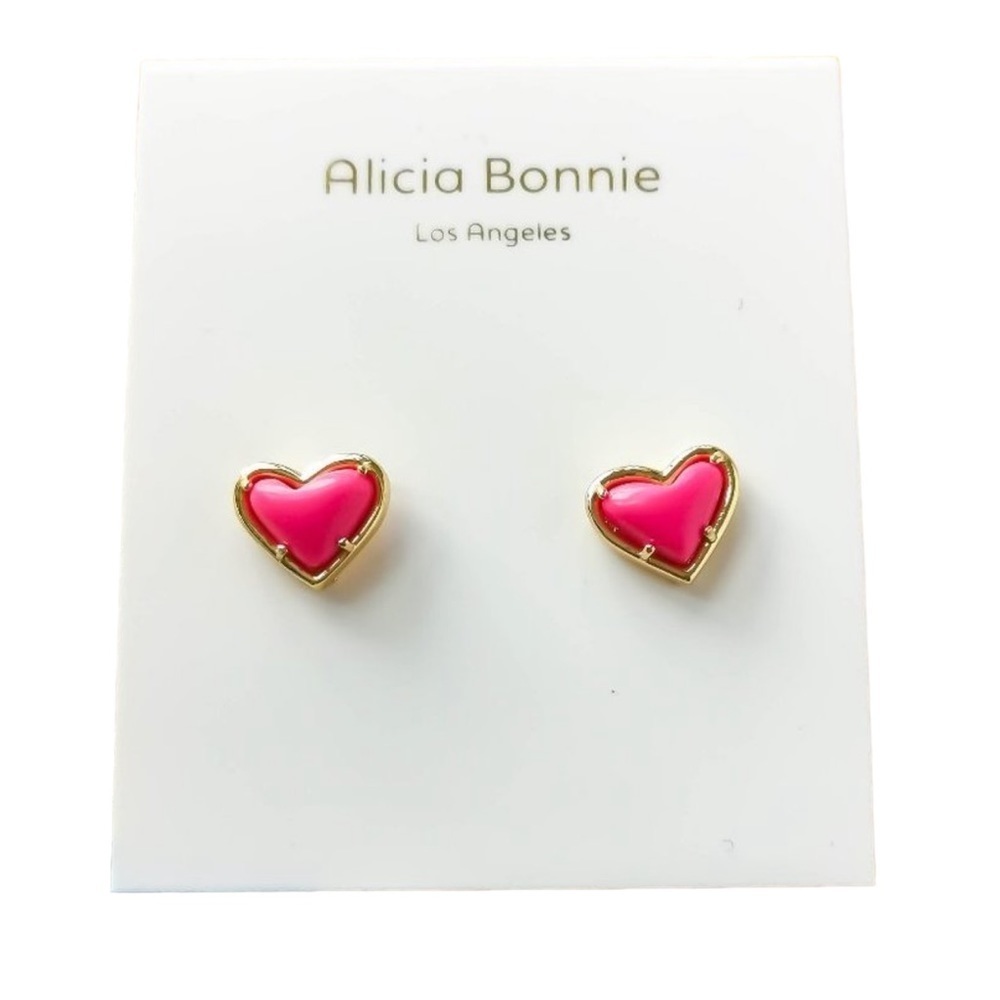 Alicia Bonnie 🆕 🩷 Magenta Hot Pink Magnesite Love Heart Stud Earrings Gold